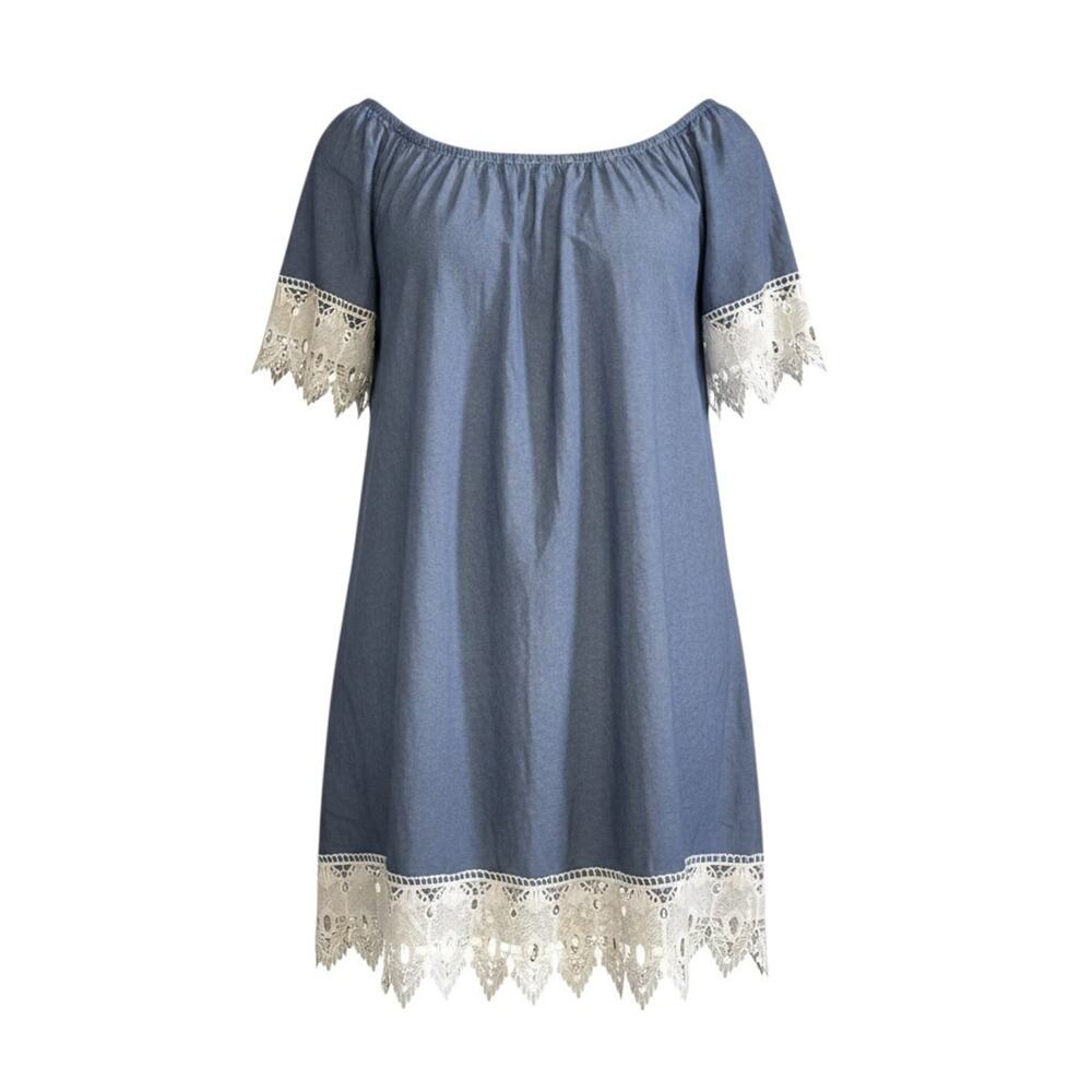 Mlle Gabrielle Womens Boho Chambray Shift Dress Blue Lace 3X Plus